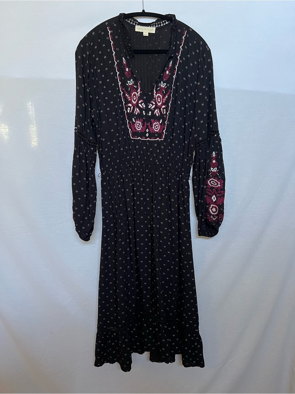 lovestitch Black Maxi Dress with Burgundy & Beige Embroidery & Crochet Details